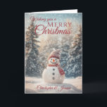 Merry Christmas Snowman  Holiday Card<br><div class="desc">A beautiful festive Holiday Season snowman Christmas card  comprising of a winter snowy scene with a smiling snowman wearing a heat hat and scarf surround by snow covered fir trees All text can be customised ,  then personalise with name (s) and inside message</div>
