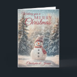 Merry Christmas Snowman  Holiday Card<br><div class="desc">A beautiful festive Holiday Season snowman Christmas card  comprising of a winter snowy scene with a smiling snowman wearing a heat hat and scarf surround by snow covered fir trees All text can be customised ,  then personalise with name (s) and inside message</div>