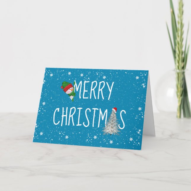 Merry Christmas Snowman in Snowflakes On Aqua Holiday Card (Front)