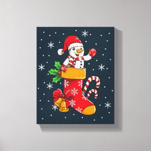 Merry Christmas Snowman in Stockings Canvas Print
