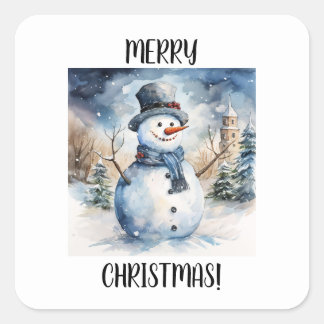 Merry Christmas Snowman in the Snow Watercolor Square Sticker