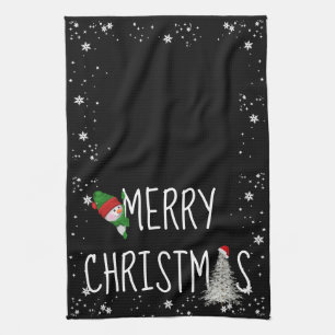 Merry Christmas Snowman On Black Tea Towel