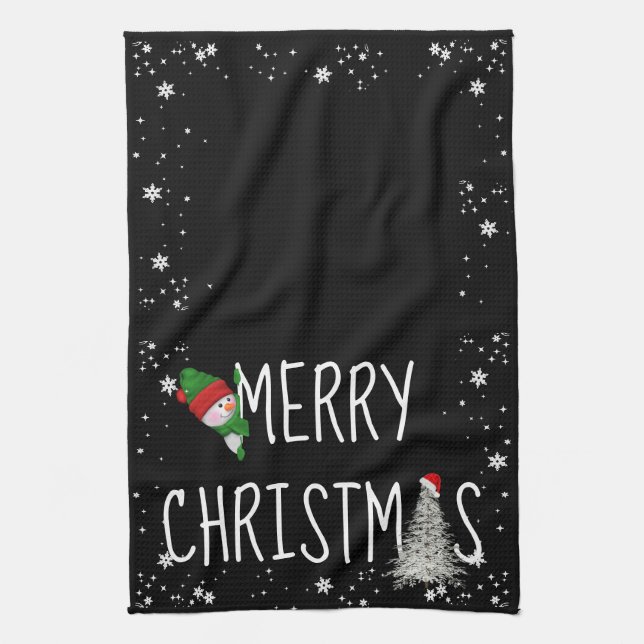 Merry Christmas Snowman On Black Tea Towel (Vertical)