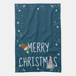 Merry Christmas Snowman On Blue Kitchen Towel