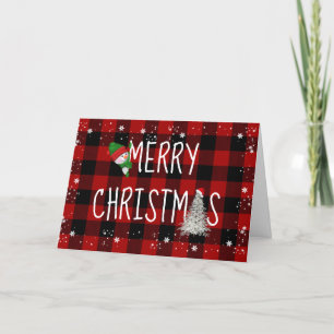 Merry Christmas Snowman on Buffalo Plaid Holiday Card