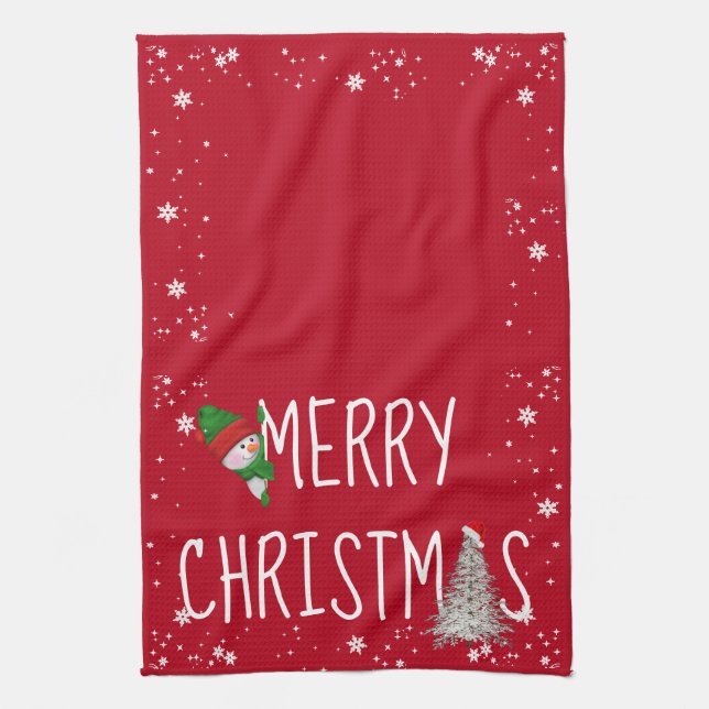 Merry Christmas Snowman On Red Tea Towel (Vertical)