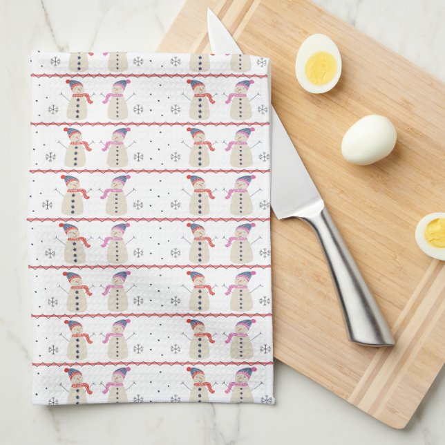 Merry Christmas Snowman Pattern Tea Towel (Quarter Fold)