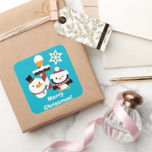 Merry Christmas Snowman Penguin Square Sticker