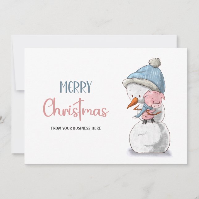 Merry Christmas Snowman Pig Business Logo Holiday Card (Front)