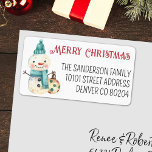Merry Christmas Snowman Return Name Address Label<br><div class="desc">A cute snowman on white background with elegant red script and black typography decorate these adorable Merry Christmas return address labels. Change text and greeting to make it yours using the Template provided. If you need more space use lowercase letters. A minimum purchase of five sheets of 18 labels, 1.25"...</div>