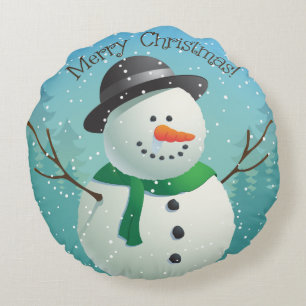 Merry Christmas Snowman Round Cushion