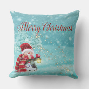 Merry Christmas, Snowman, Santa Hat Cushion