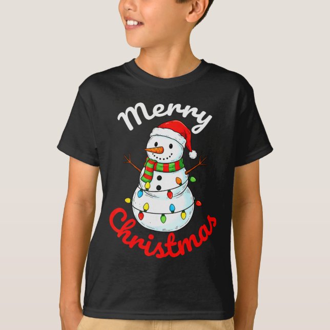 Merry Christmas Snowman Santa Hat Holiday Kids Men T-Shirt (Front)