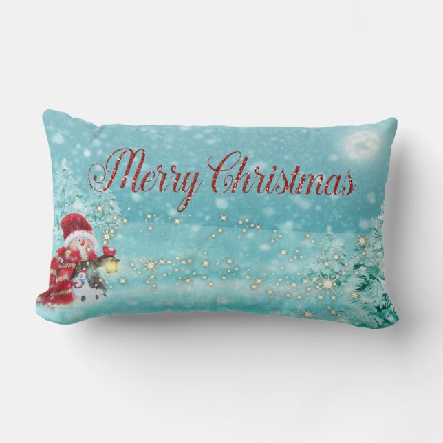 Merry Christmas,Snowman, Santa Hat Lumbar Cushion (Front)