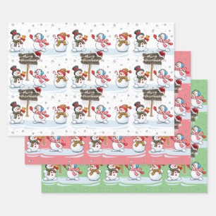 Merry Christmas Snowman Santa Hat Pattern Wrapping Paper Sheet