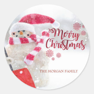 Merry Christmas, Snowman, Santa Hat - Personalised Classic Round Sticker