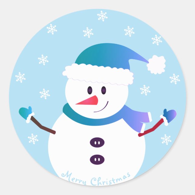 Merry Christmas Snowman Snowflakes Classic Round Sticker (Front)