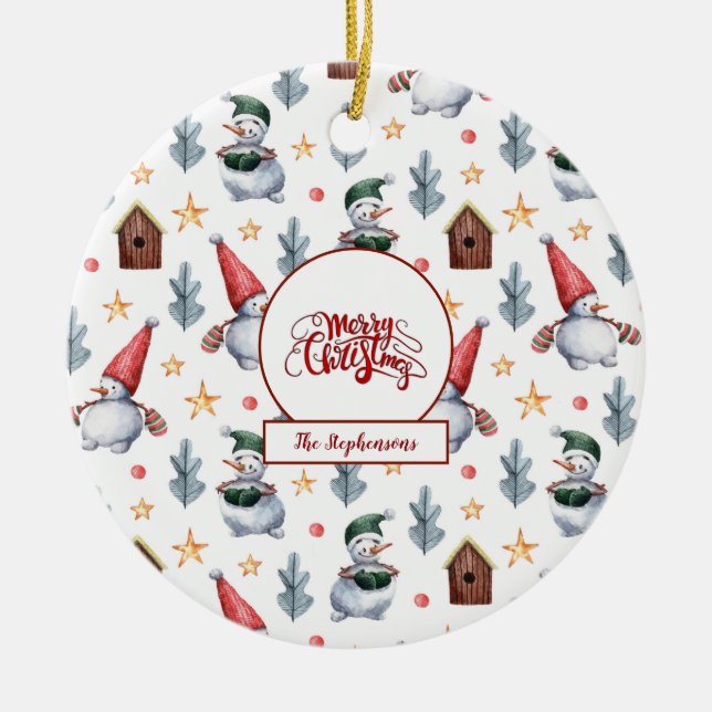 Merry Christmas Snowman Snowflakes Monogram Ceramic Tree Decoration (Front)