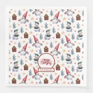 Merry Christmas Snowman Snowflakes Monogram Napkin