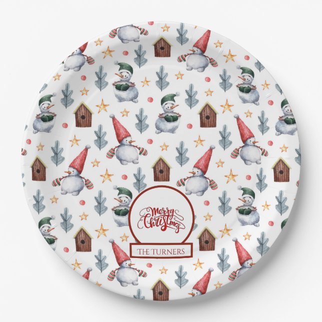 Merry Christmas Snowman Snowflakes Monogram Paper Plate (Front)