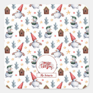 Merry Christmas Snowman Snowflakes Monogram Square Sticker