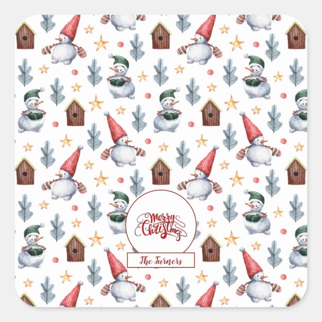 Merry Christmas Snowman Snowflakes Monogram Square Sticker (Front)