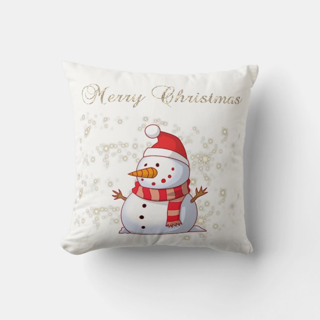 Merry Christmas,Snowman,Sparkles,White Cushion (Front)
