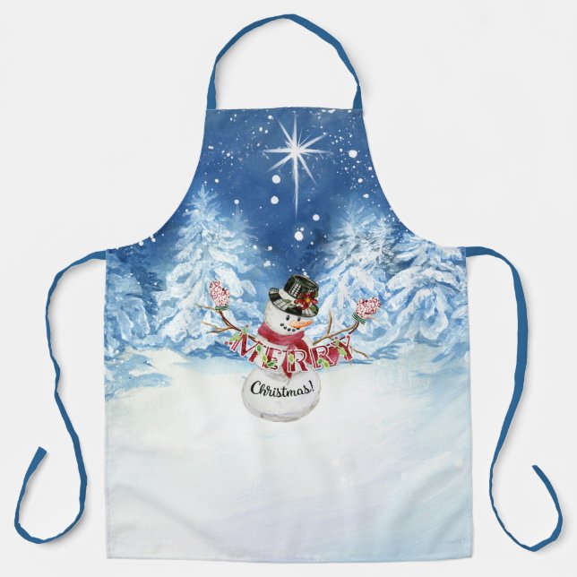 Merry Christmas Snowman Star Night Snowing Trees Apron (Front)