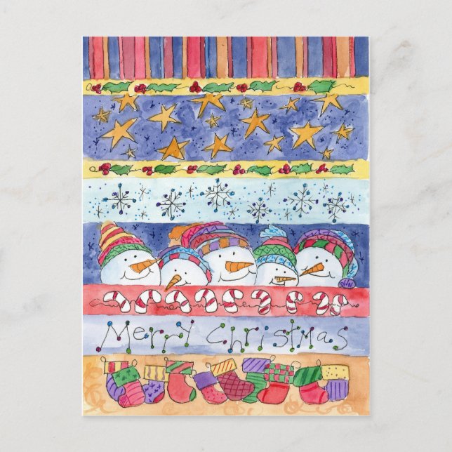 Merry Christmas Snowman Stockings Snowflakes Holiday Postcard (Front)