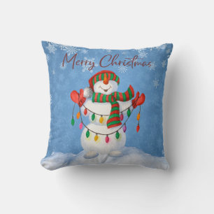 Merry Christmas Snowman String Lights Winter Blue Cushion