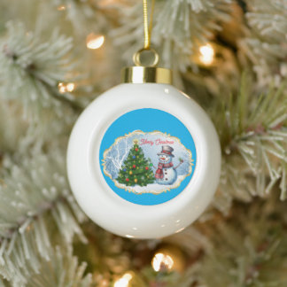 Merry Christmas Snowman Tree Cute Ceramic Ball Christmas Ornament