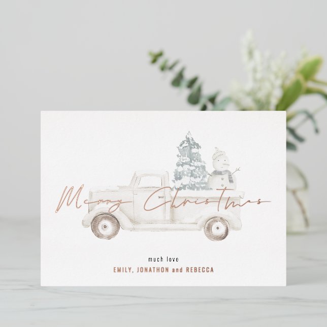 Merry Christmas Snowman Truck Overlay Real Foil Holiday Card (Standing Front)