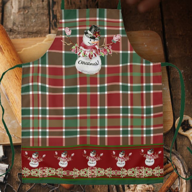Merry Christmas Snowman Watercolor Plaid w Holly Apron (Creator Uploaded)