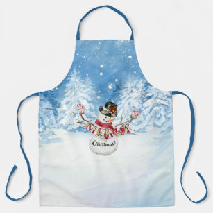 Merry Christmas Snowman Watercolor Snowing Trees Apron