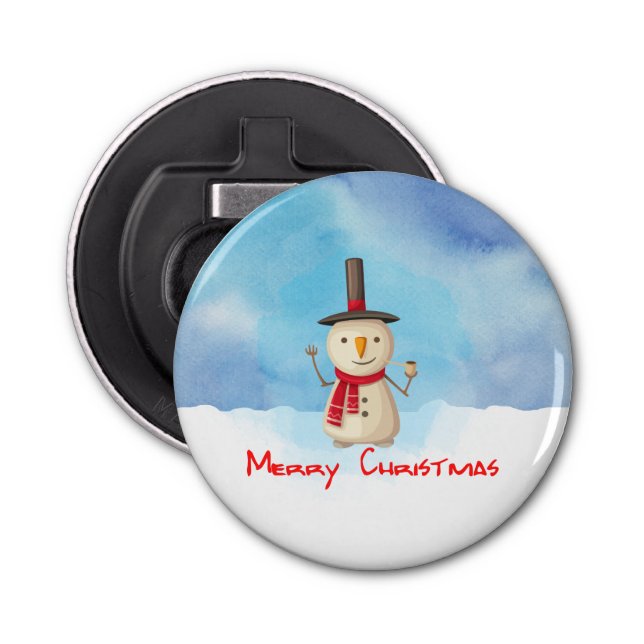Merry Christmas Snowman Waving And Smiling Bottle Opener (Front)