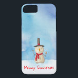 Merry Christmas Snowman Waving And Smiling iPhone 8/7 Case<br><div class="desc">Phone case with a cute snowman illustration. He is wearing a black stovepipe hat, holding a classic corn cob pipe, and wearing a red scarf. Standing in the cold white snow smiling and waving hello. The background is composed of a watercolor sky with blue and purple colours blending and mingling...</div>