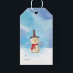 Merry Christmas Snowman Waving And Smiling Gift Tags<br><div class="desc">Holiday gift tag with a cute snowman illustration. He is wearing a black stovepipe hat, holding a classic corn cob pipe, and wearing a red scarf. Standing in the cold white snow smiling and waving hello. The background is composed of a watercolor sky with blue and purple colours blending and...</div>