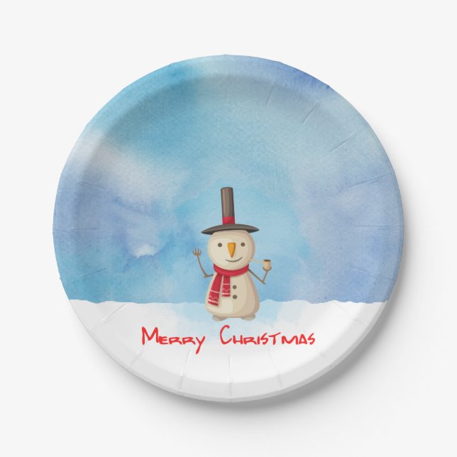 Merry Christmas Snowman Waving And Smiling Paper Plate (Front)