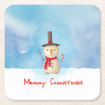 Merry Christmas Snowman Waving And Smiling Square Paper Coaster<br><div class="desc">Paper coasters with a cute snowman illustration. He is wearing a black stovepipe hat, holding a classic corn cob pipe, and wearing a red scarf. Standing in the cold white snow smiling and waving hello. The background is composed of a watercolor sky with blue and purple colours blending and mingling...</div>
