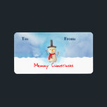 Merry Christmas Snowman Waving Gift Tag<br><div class="desc">Gift tag label with a cute snowman illustration. He is wearing a black stovepipe hat, holding a classic corn cob pipe, and wearing a red scarf. Standing in the cold white snow smiling and waving hello. The background is composed of a watercolor sky with blue and purple colours blending and...</div>