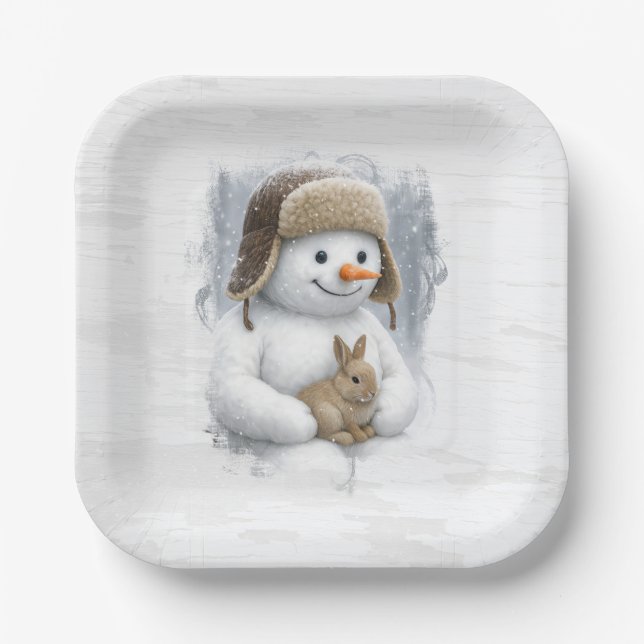 Merry Christmas Snowman With Bunny Paper Plate (Front)