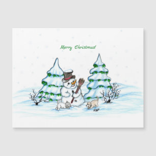 Merry Christmas! Snowman with Cat and Puppy