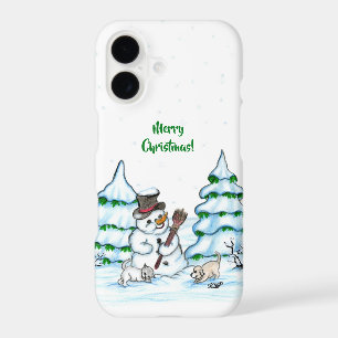 Merry Christmas! Snowman with Cat and Puppy