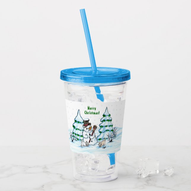 Merry Christmas! Snowman with Cat and Puppy Acrylic Tumbler (Front Ice)