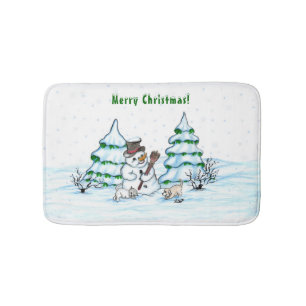 Merry Christmas! Snowman with Cat and Puppy Bath Mat
