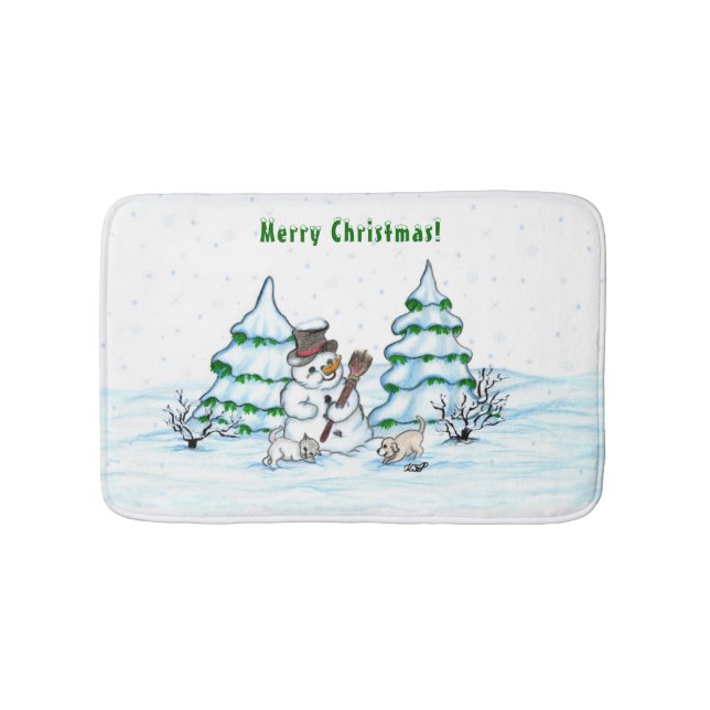 Merry Christmas! Snowman with Cat and Puppy Bath Mat (Front)