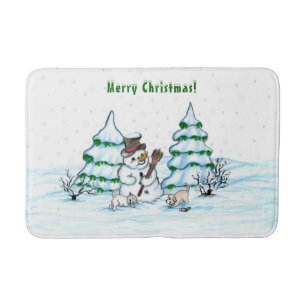 Merry Christmas! Snowman with Cat and Puppy Bath Mat