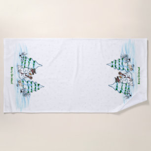 Merry Christmas! Snowman with Cat and Puppy Beach Towel