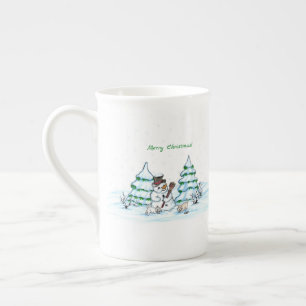 Merry Christmas! Snowman with Cat and Puppy Bone China Mug