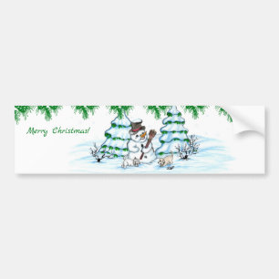 Merry Christmas! Snowman with Cat and Puppy Bumper Sticker